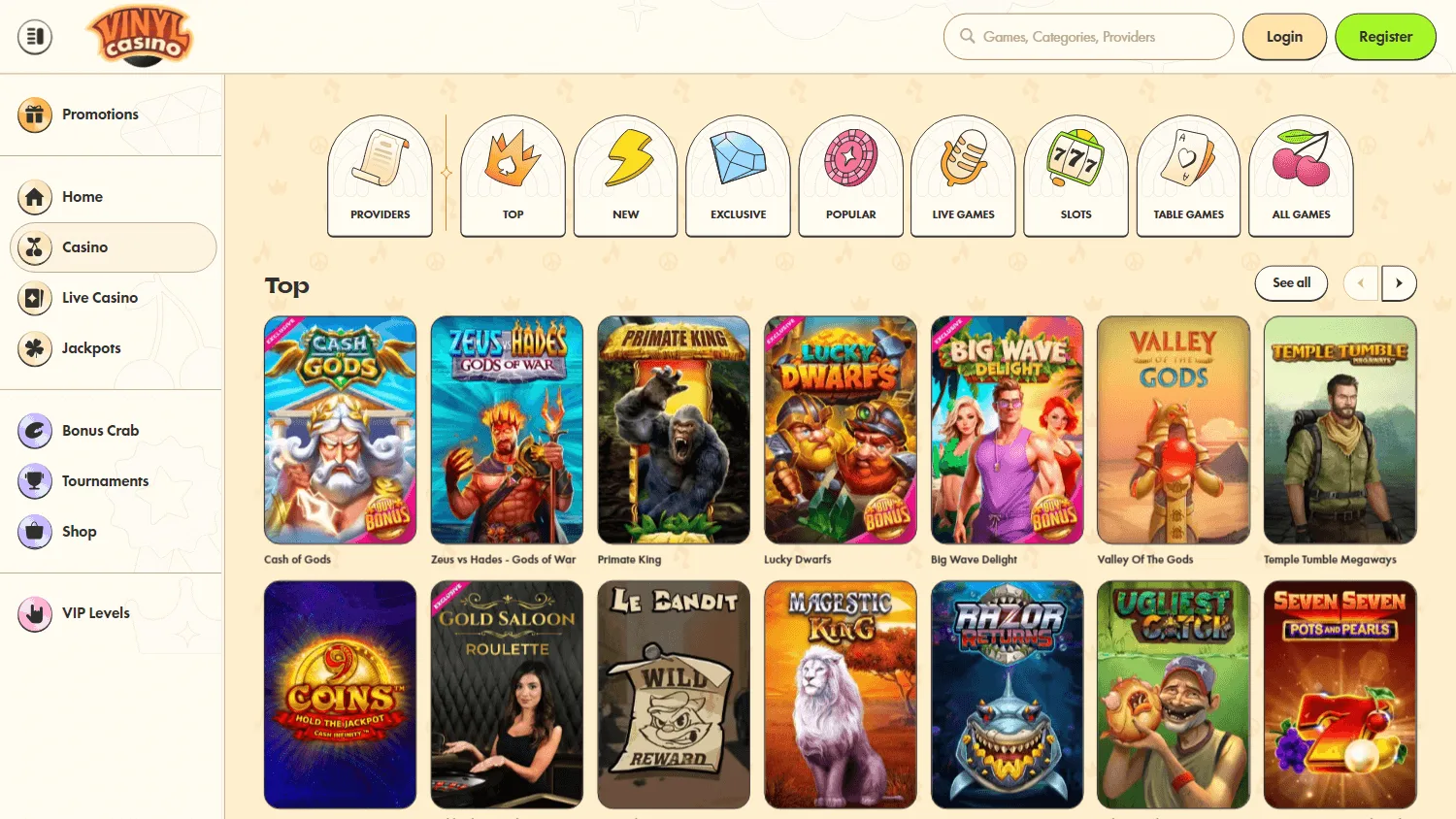 Vinyl Casino games page on desktop
