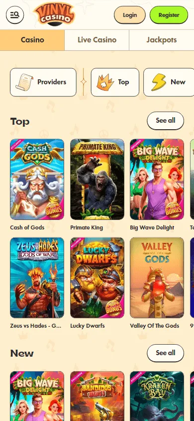 Vinyl Casino games page on mobile