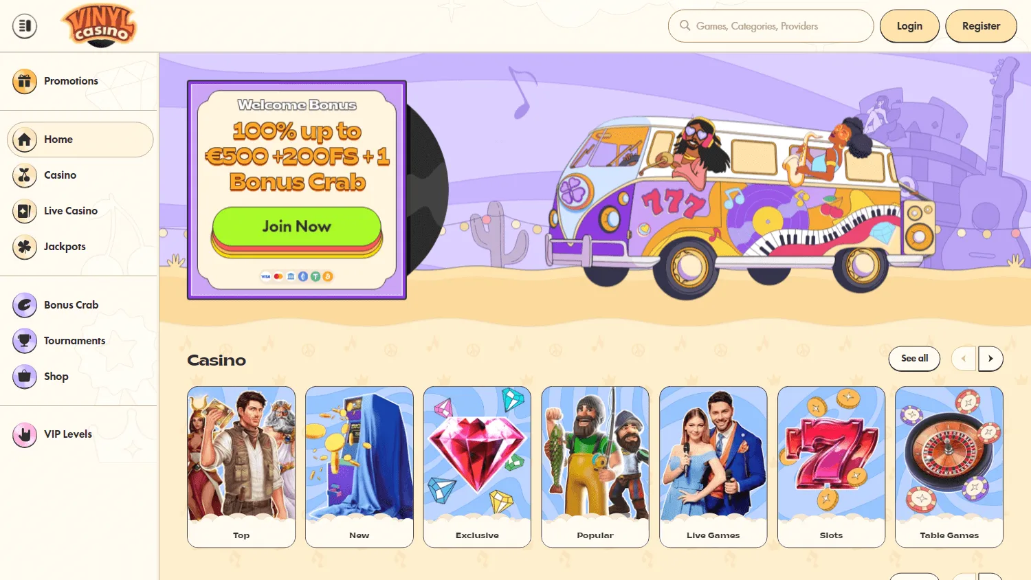 Vinyl Casino home page on desktop