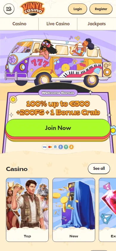 Vinyl Casino home page on mobile