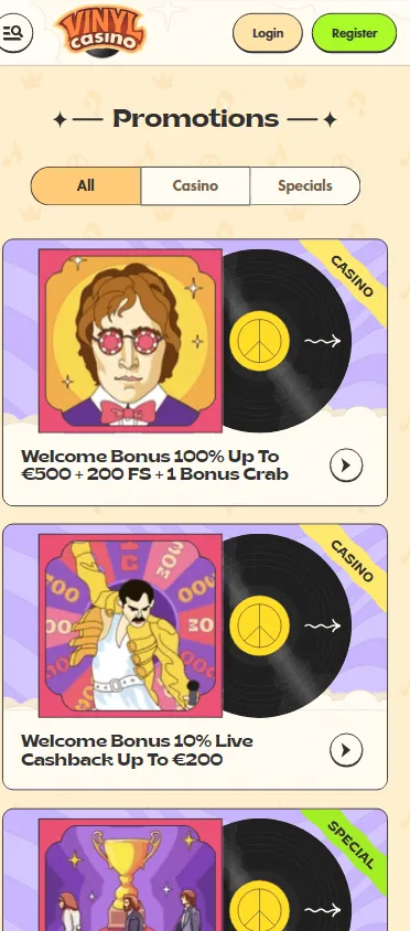 Vinyl Casino promotions page on mobile