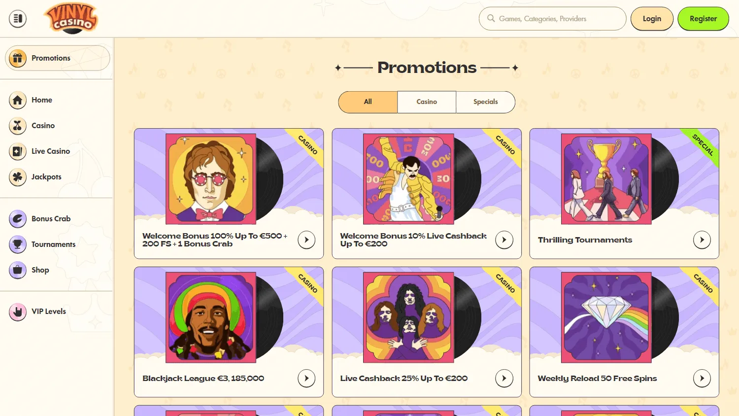 Vinyl Casino promotions page on desktop